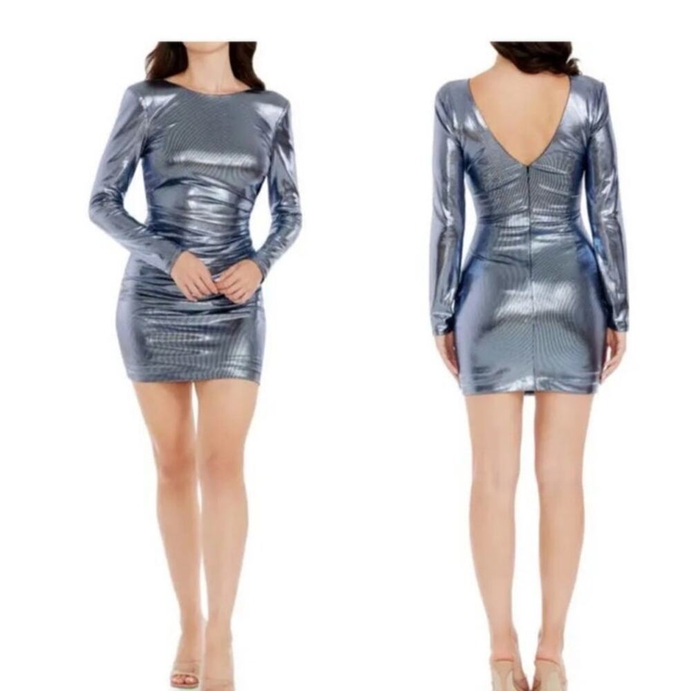 New Dress The Population Lolita Ice Blue Multi Metallic Ruched Bodycon Dress L